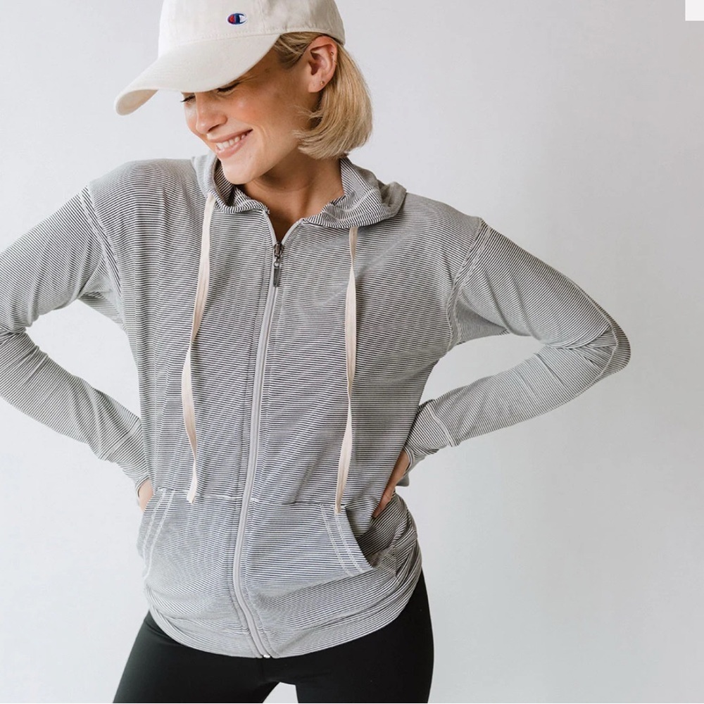Albion Fit Black & White Stripe Full Zip Hoodie XS Thumbholes